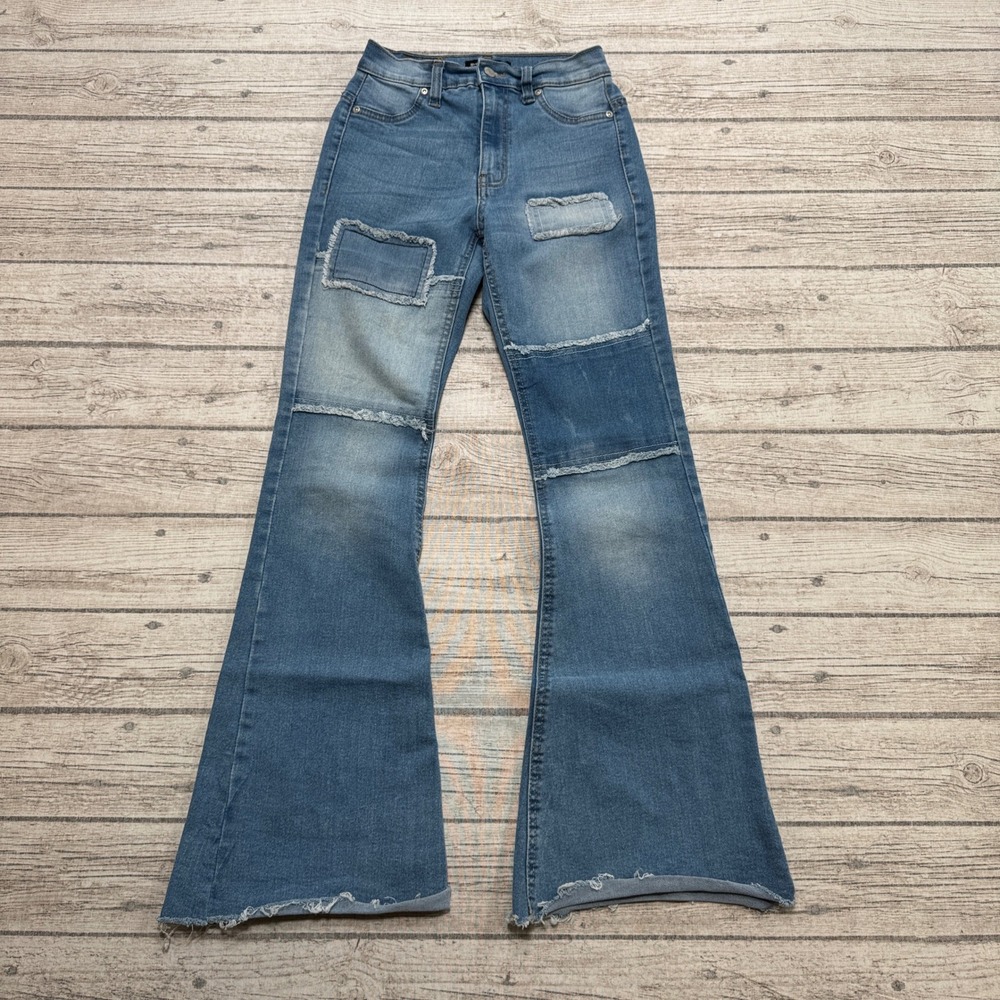 Bluenotes Jeans Women's 24 Blue Denim Patchwork Super High Rise Flared Slim Fit